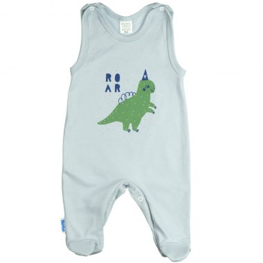 Śpioszek niemowlęcy w kolorze stalowym z dinozaurem i napisem